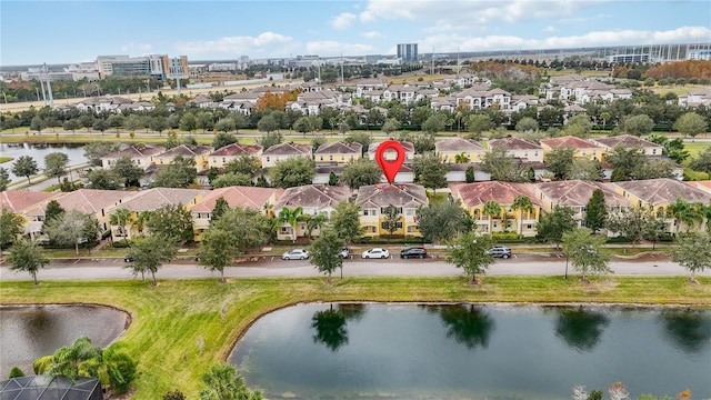 drone / aerial view with a water view