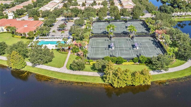 drone / aerial view with a water view