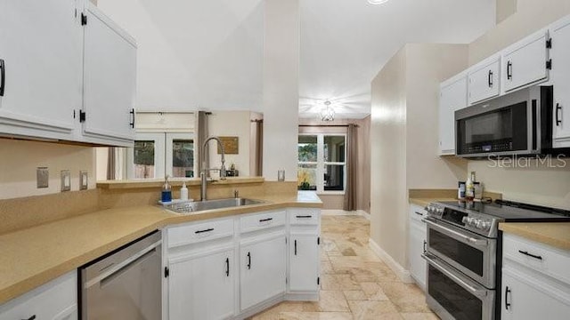 kitchen with kitchen peninsula, white cabinetry, sink, and appliances with stainless steel finishes