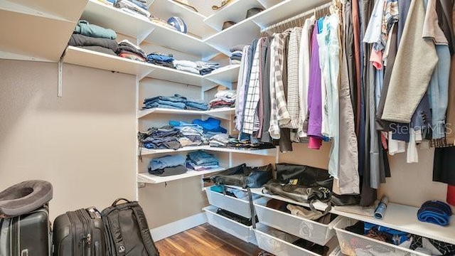 walk in closet with hardwood / wood-style flooring