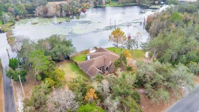 drone / aerial view with a water view