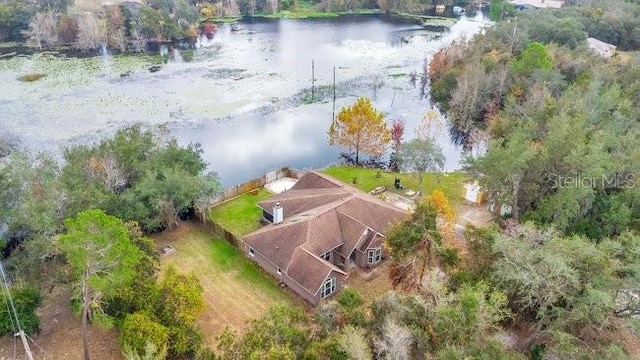 drone / aerial view with a water view