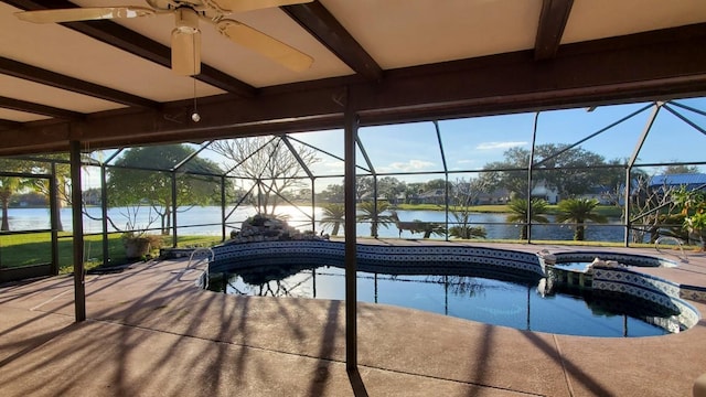 view of pool featuring glass enclosure, a water view, ceiling fan, an in ground hot tub, and a patio area