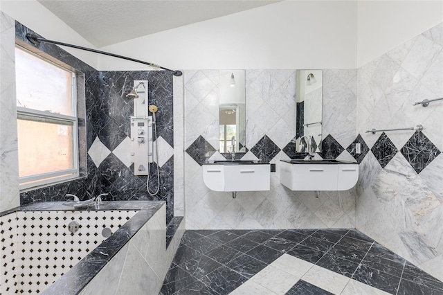 bathroom with vaulted ceiling, plus walk in shower, and a textured ceiling