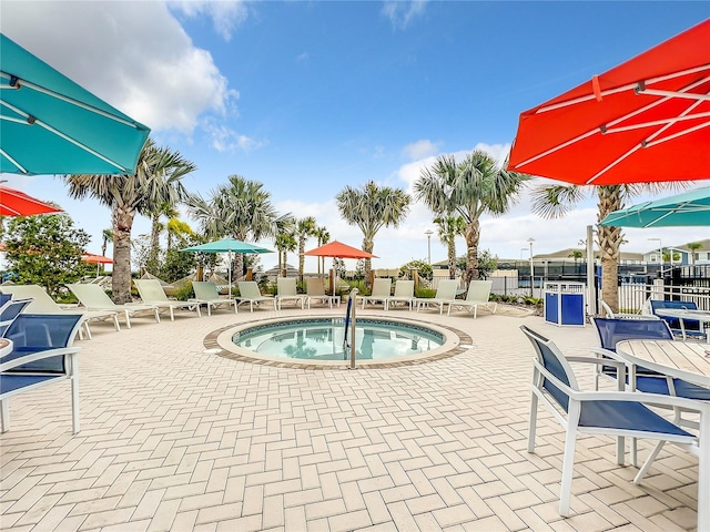 view of swimming pool with a patio and a hot tub