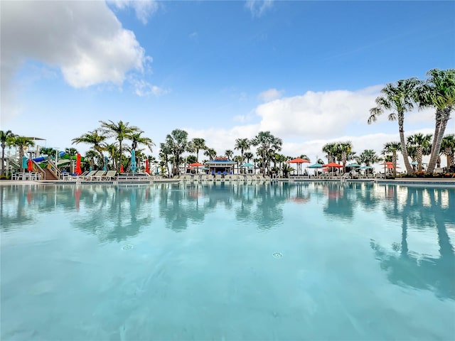 view of swimming pool with a water view