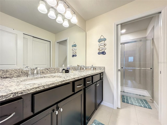 bathroom featuring tile patterned flooring, vanity, and a shower with shower door