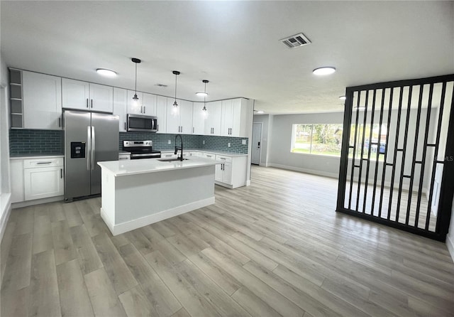 kitchen with stainless steel appliances, sink, white cabinets, hanging light fixtures, and an island with sink