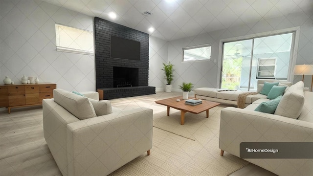 living room with a brick fireplace