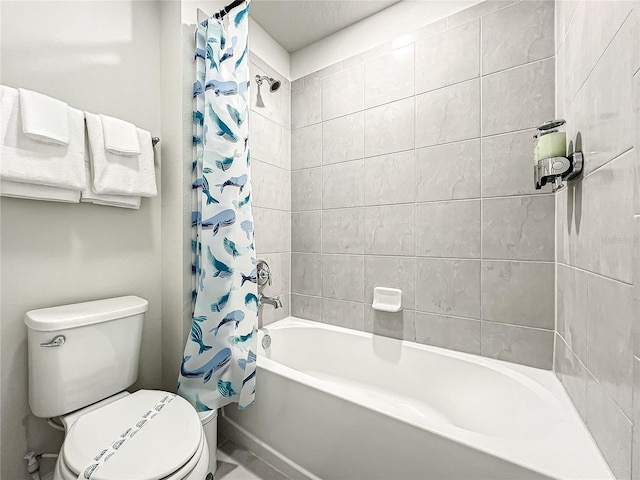 bathroom with toilet and shower / tub combo with curtain