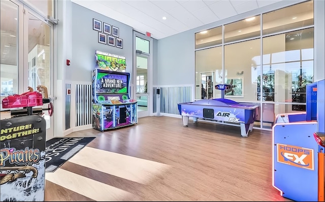 playroom featuring hardwood / wood-style flooring, a healthy amount of sunlight, and a towering ceiling