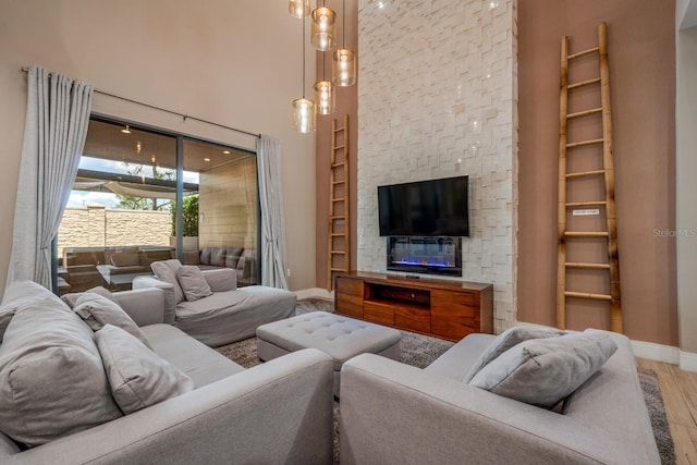 living room featuring hardwood / wood-style floors and a high ceiling