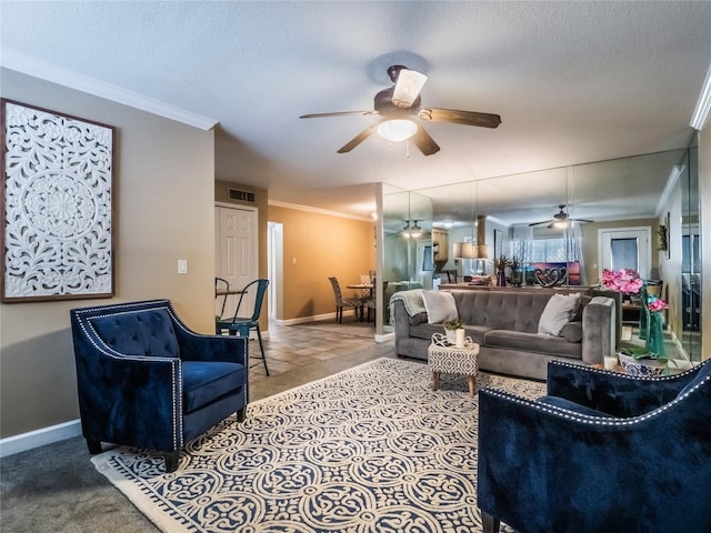 carpeted living room featuring crown molding and a textured ceiling