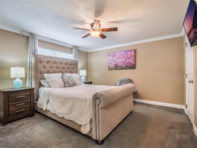 carpeted bedroom featuring ceiling fan, a textured ceiling, and ornamental molding