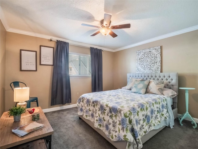 bedroom featuring ceiling fan, crown molding, dark carpet, and a textured ceiling