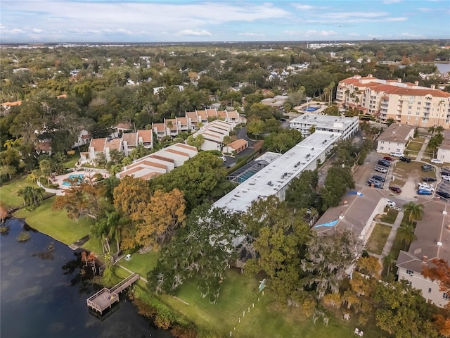 drone / aerial view with a water view