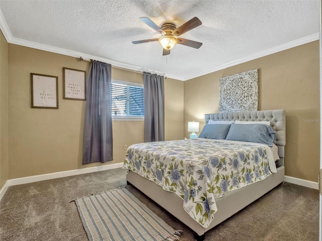 carpeted bedroom featuring a textured ceiling, crown molding, baseboards, and a ceiling fan