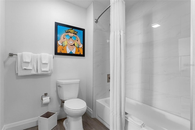 bathroom featuring shower / bath combination with curtain, toilet, and wood-type flooring