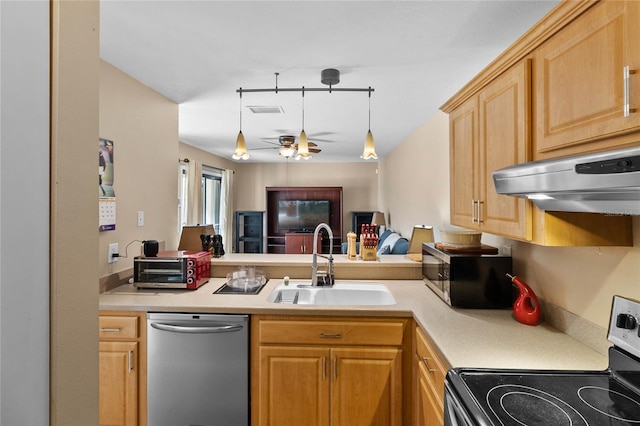 kitchen with kitchen peninsula, ventilation hood, stainless steel appliances, ceiling fan, and sink