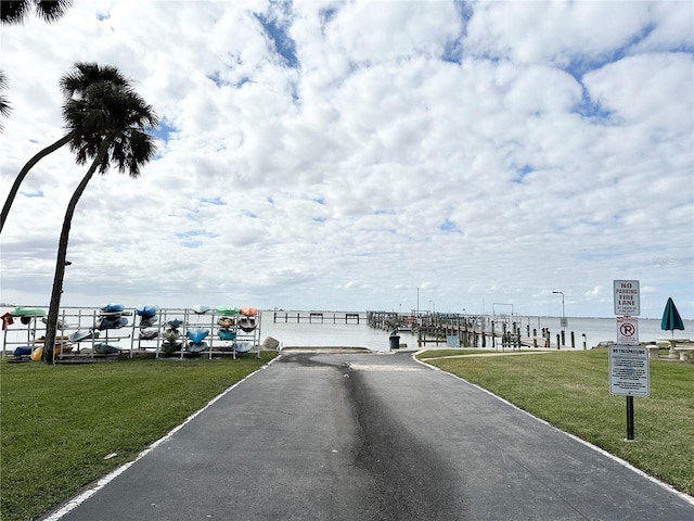 view of street with a water view