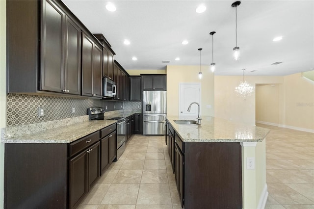 kitchen featuring a center island with sink, sink, stainless steel appliances, and hanging light fixtures