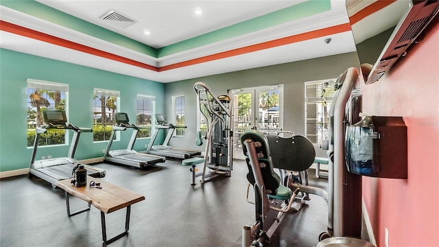 gym with plenty of natural light and a raised ceiling