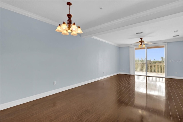 unfurnished room with ceiling fan with notable chandelier, dark hardwood / wood-style flooring, and crown molding