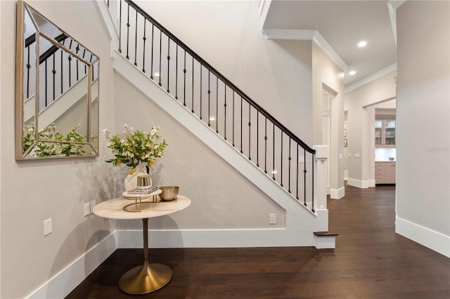2260 Mulbry Dr, Winter Park, FL 32789 - stairway with wood finished floors, crown molding, recessed lighting, and baseboards