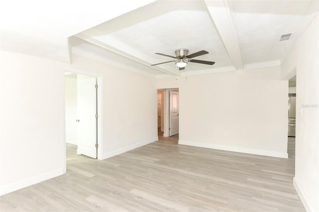 empty room featuring baseboards, beamed ceiling, visible vents, and light wood-style floors