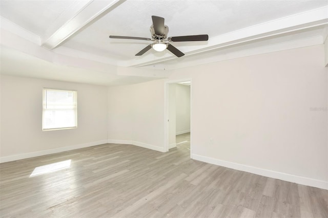 spare room featuring ceiling fan, light wood-type flooring, beam ceiling, and baseboards