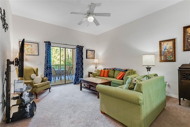 living room with carpet and ceiling fan