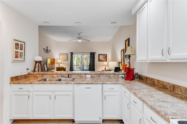 kitchen featuring kitchen peninsula, white cabinetry, dishwasher, and sink