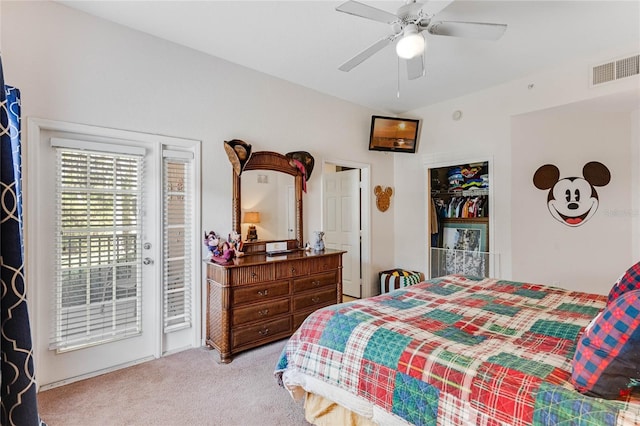 carpeted bedroom with access to outside and ceiling fan