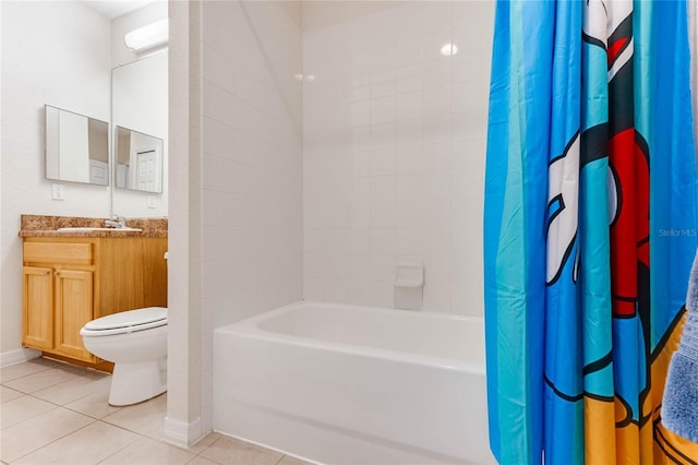 full bathroom with toilet, shower / bath combination with curtain, vanity, and tile patterned floors