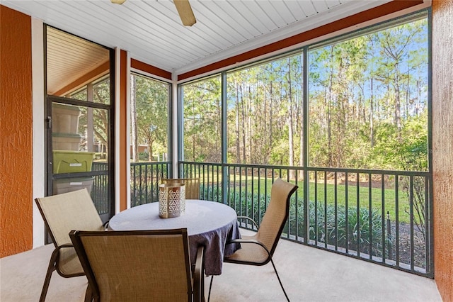 sunroom / solarium featuring ceiling fan and wooden ceiling