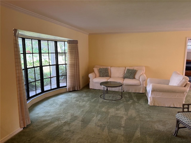 carpeted living room with crown molding