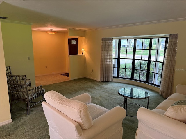 carpeted living room with ornamental molding