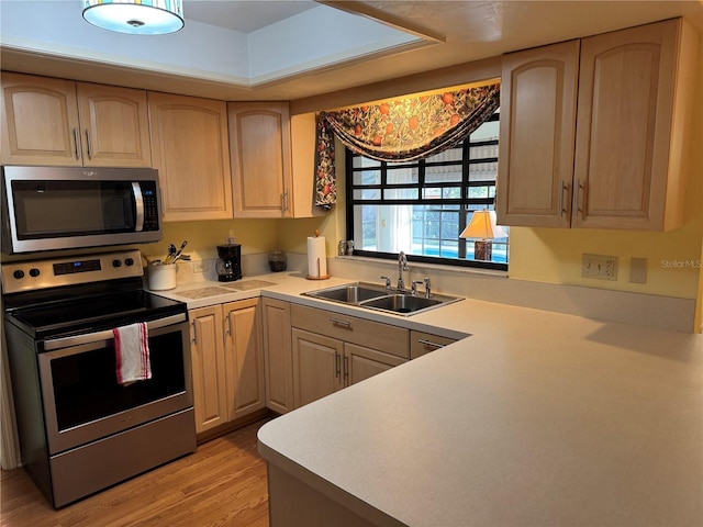 kitchen with appliances with stainless steel finishes, light brown cabinetry, and sink