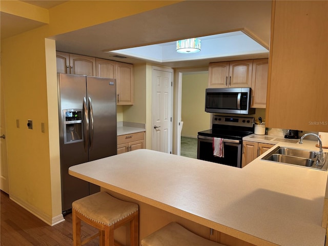 kitchen featuring light brown cabinetry, sink, hardwood / wood-style floors, and appliances with stainless steel finishes