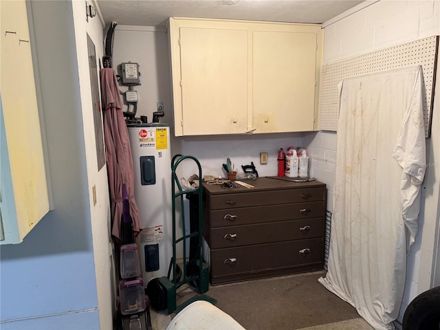 kitchen with electric water heater and dark brown cabinetry