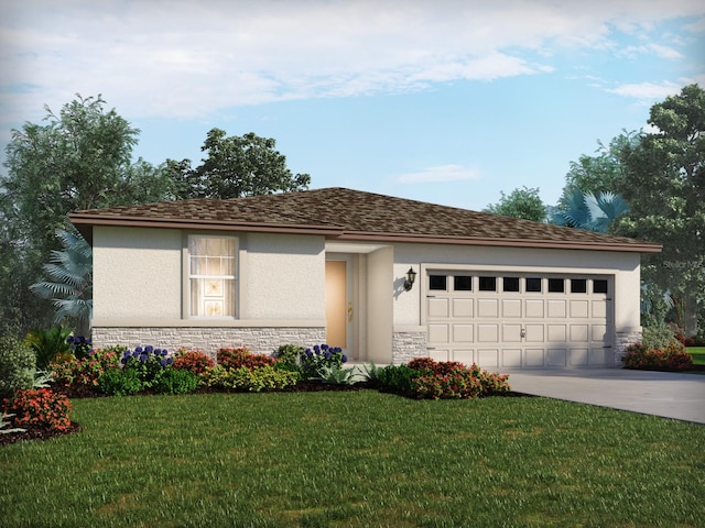 view of front of house with a front yard and a garage