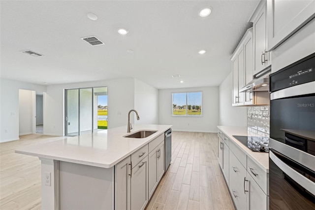 kitchen featuring sink, light hardwood / wood-style flooring, a kitchen island with sink, appliances with stainless steel finishes, and plenty of natural light