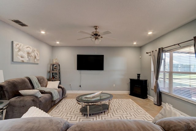 living room with ceiling fan