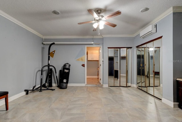 basement with a wall mounted air conditioner, ceiling fan, ornamental molding, and a textured ceiling