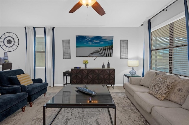 living room featuring ceiling fan