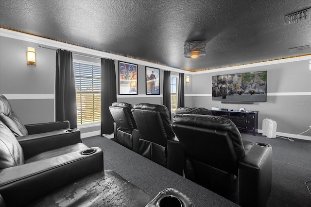 home theater room with carpet and a textured ceiling