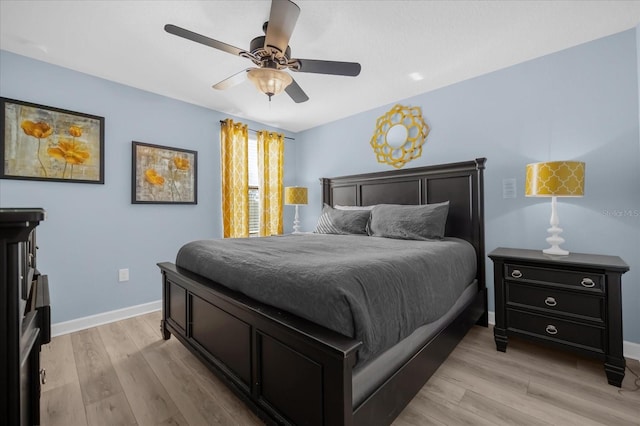 bedroom featuring ceiling fan and light hardwood / wood-style flooring