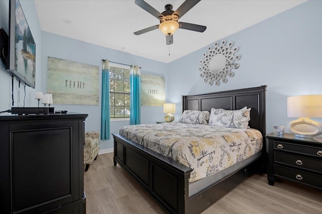 bedroom featuring ceiling fan and light wood-type flooring