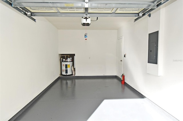 garage featuring electric panel, electric water heater, and a garage door opener