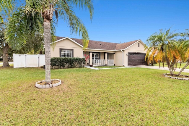 ranch-style home featuring a front lawn, a porch, and a garage